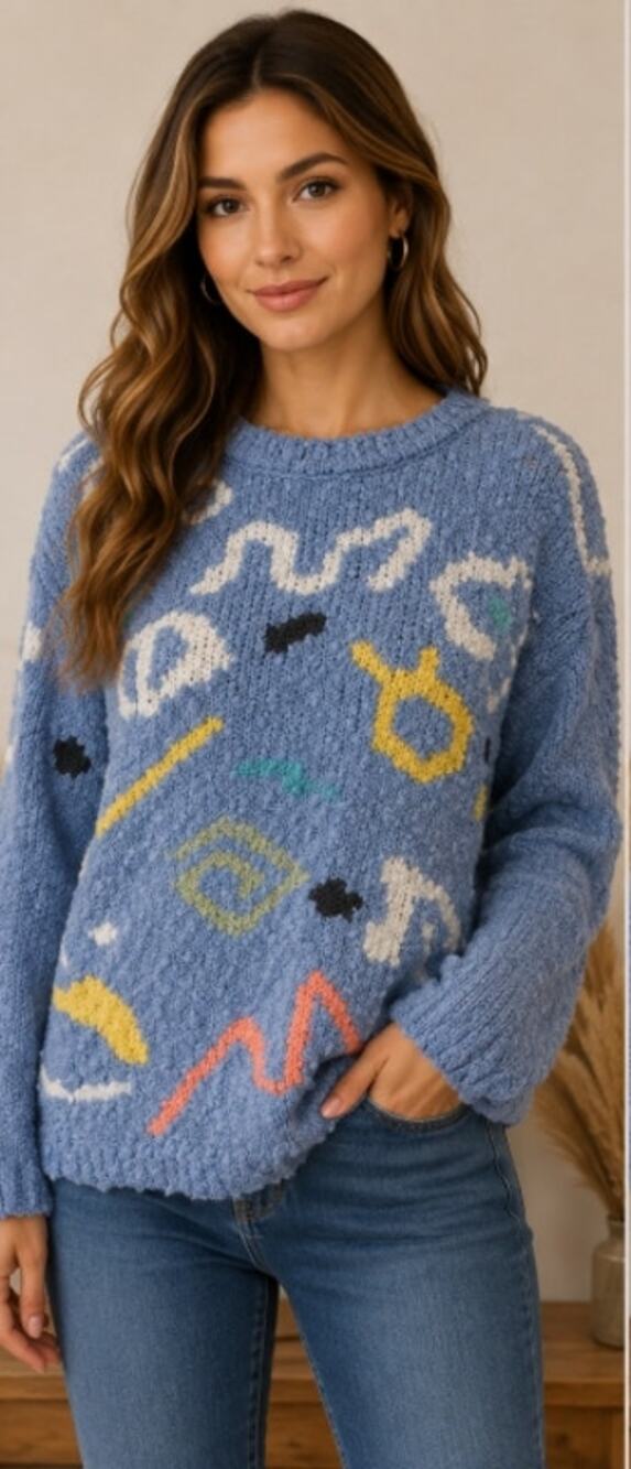 Vtg 80s Chaus Sweater Abstract Geometric Art Boho Nubby Knit Size M Medium